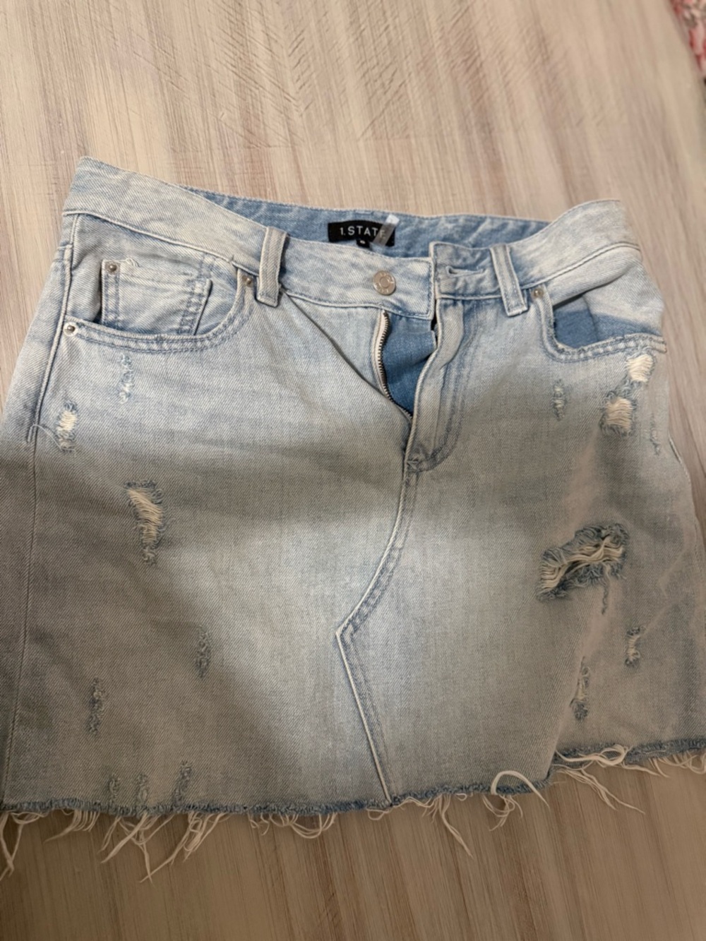1.STATE Faded Light Blue Denim Skirt with Branded Button